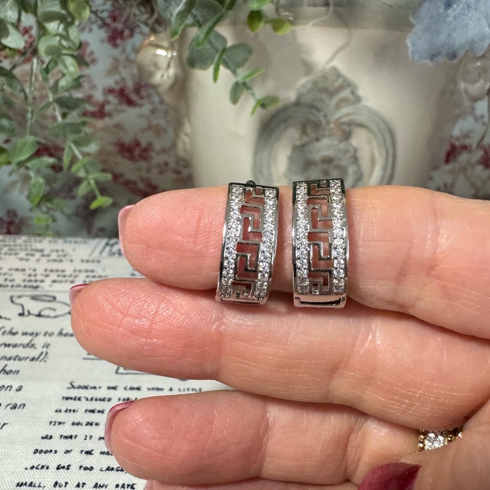 Stainless Steel Greek Key Hoop Earrings with Crystal Accents - Silver